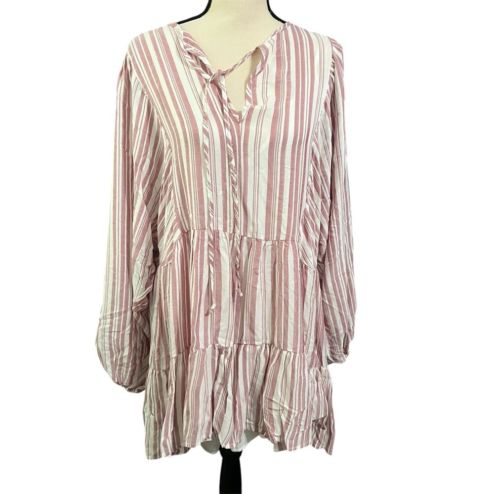 Saints & Hearts NEW Wmns Pink Cream Stripe Tiered Midi Dress Sz M Festival Boho